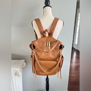 Miss Fong vegan leather diaper backpack EUC brown tan exterior grey inlay gold